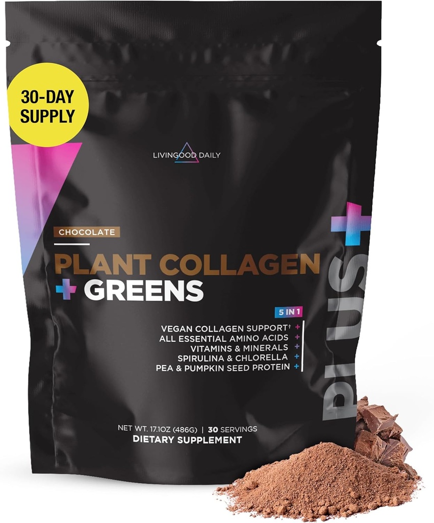 Livingood Daily Plant Collagen + Zielone Proszek, Czekolada, 5- in-1 Colagen Wsparcie z białka grochu, Amino Acids, Spirulina, Chlorella & Witamina C, Support skóry włosów paznokci, Wegan, 30 Służenie