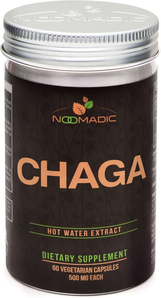 Noomadic Chaga Mushroom, 60 Kapsułek, 500mg każdy, przeciwutleniacz i wsparcie immunologiczne, Hot Water Extract, ciał owocowych, 30% Beta- D- Glukan