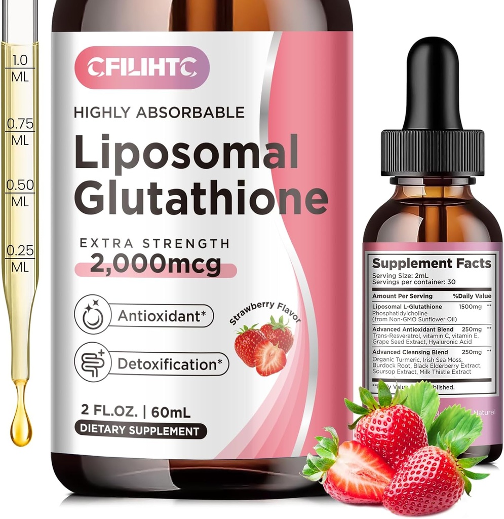 Liposomal Glutatione płynne krople, Glutation płynne Suplement, Forma aktywna L - Glutation, z witaminą C, Detox wątroby, Przeciwutleniacz do anty- starzenia, Immune & Cleansing, Strawberry Flavor, 2 FL.OZ