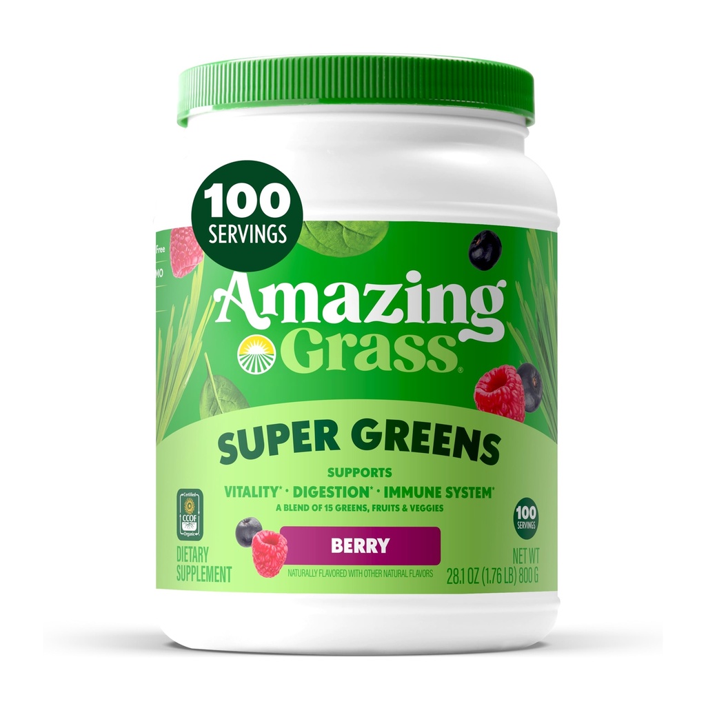 Amazing zieleń trawa miesza Superfood: Super Zielone Proszek z Spirulina, Chlorella, Burak Root Proszek, Enzymy trawienne, Prebiotyki i Probiotyki, Berry, 100 Sługi (Opakowania maja Vary)