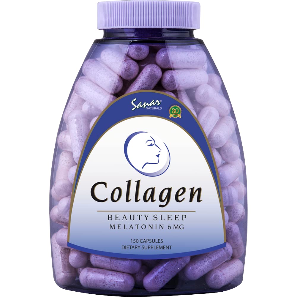 Sanar Naturals Collagen Pigułki Uroda Sen z Melatonin 6 mg - Boost włosów skóry paznokci Joints - Zhydrolizowane Colagen Peptydes Suplement, 150 Kapsułki