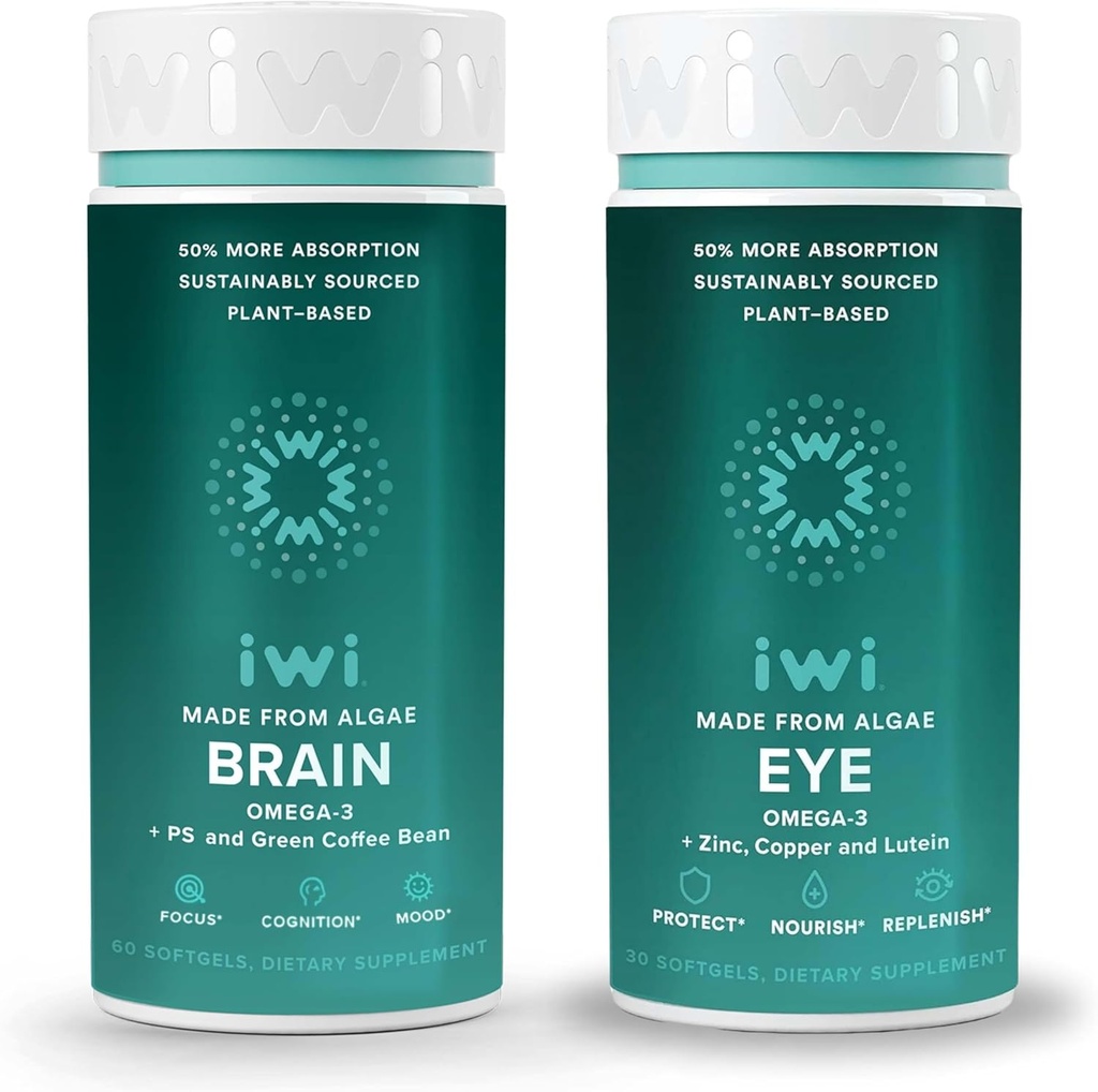 Iwi Life Brain & Eye Omega-3 Bundle, 30 Służenia, Wegan Plant-Algae Omega 3 z EPA + DHA, Kryll & Fish Oil Alternative, No Fishy Aftersmast
