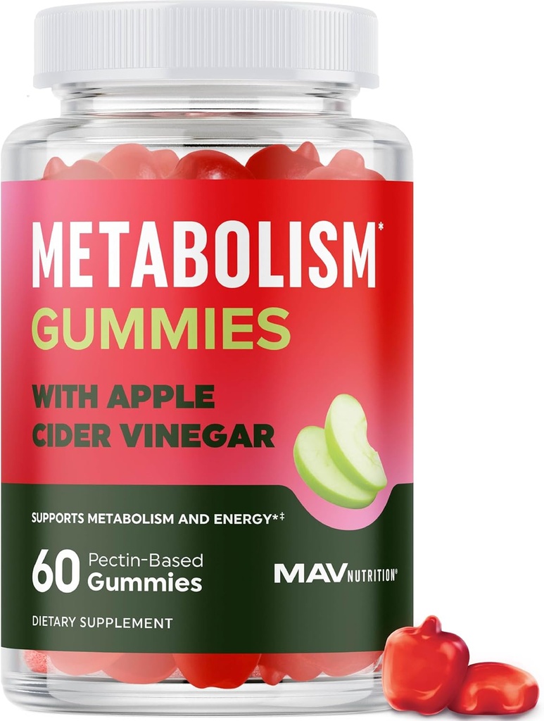 Metabolizm Gummie z Jabłka Cydr Ocet 124; Energia, Pokarm i Lean ciała Mass Support 124; Jabłko Cydr Gummie z Matką, B12 & Folate 124; Wsparcie metabolizmu dla kobiet i mężczyzn 124; 60 Ct.