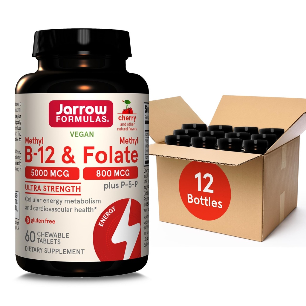 Jarrow Format Ultra Siła Metyl B- 12 5000 µg & Metyl Folate 800 µg + P- 5-P, Suplement do Metabolizmu i Wspomaganie układu sercowo-naczyniowego, 60 Tabletki do rozgryzania i żucia, 60 Day Supply, 12 Opakowania