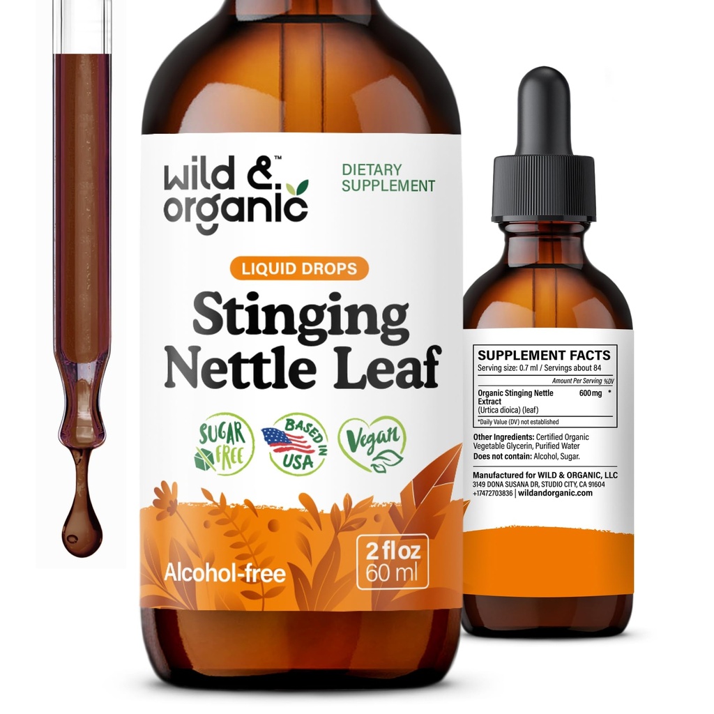 Wild & Organic Stinging Nettle Leaf Extract Drops - Urynary Tract Support - Liquid Stinging Nettle Supplement - Urtica Dioica Tincture - 2- Month Supply - Vegan, Sugar & Alcohol- Free - 2 fl oz