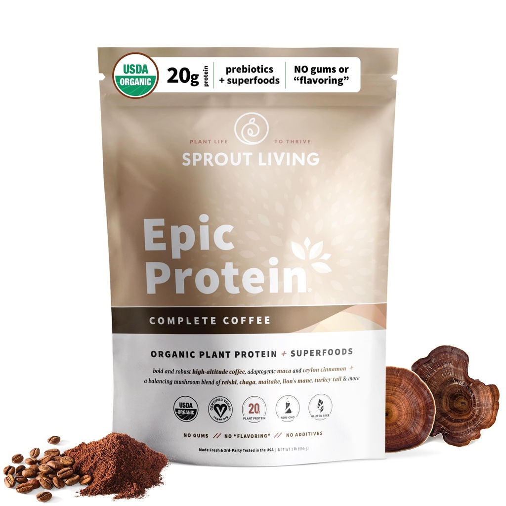 Żywy spray, Epicki Protein, Białko roślinne i Superfoods Proszek, Kompletna kawa 124; 20 Grams Organic Protein Powder, Adaptogens, Grzyby, Wegan, Non-GMO, Gluten Free (1 funt, 12 Servings)