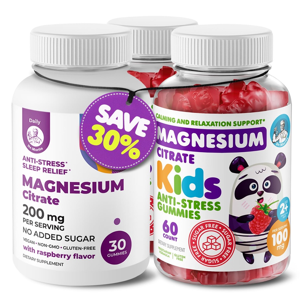 DR. MORITZ Magnezu Bundle - Gumiaki dla dorosłych (200mg, 30 Count) i dzieci Magnezu Gummies (60 Count, 2 Pack) - Bez cukru
