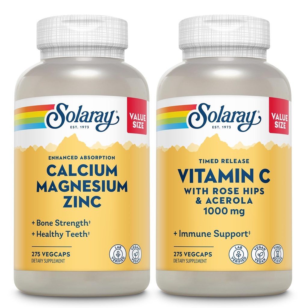 SOLARAY Magnezu wapnia Cynk i Timed Release Witamina C - Zdrowie kości, Immune Support Bundle, 1000mg Wapnia, 500mg Magnezu, 1000mg witaminy C Suplement, Wegan, 60- Day Gwarancja, 275 VegCaps każdy