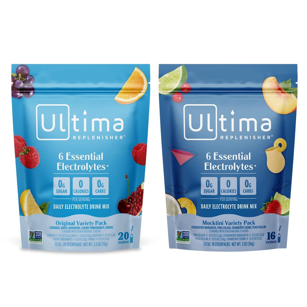 Ultima Replenisher Daily Electrolyte Powder Drink Mix - Sugar Free - Mocktini Variety and Original Variety, 36 Stickpacks - Pakiety nawadniające z 6 Electrolytes and Minerals - Keto, Non-GMO