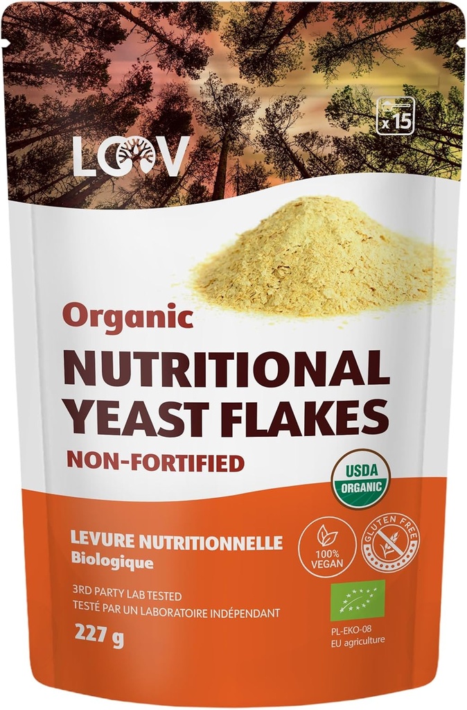 LooV Organic Non-Fortified Nutritional Yeast Flakes - Wegan, Gluten Free, Non-GMO Unfortified Nooch - Good Source of Natural B- Vitamin - No Added Salt or Sugar - Resealable Bag, 8 unces (227 Grams)