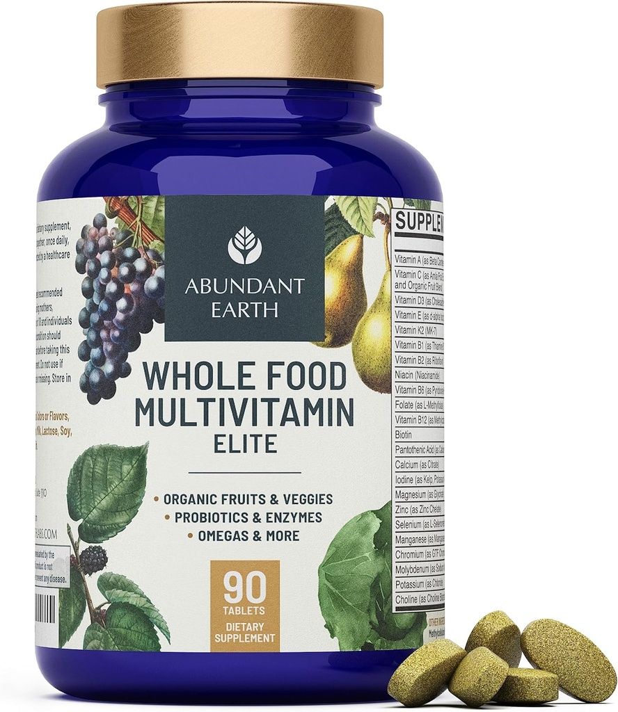 Abundant Earth Whole Food Multivitamin for Women Daily Multi Vitamin Supplements for Men Mens Multivitamin + B Complex, Probiotic Multi Enzyme, Omegas for Organic Energy Mood Disease 90ct- 4pk
