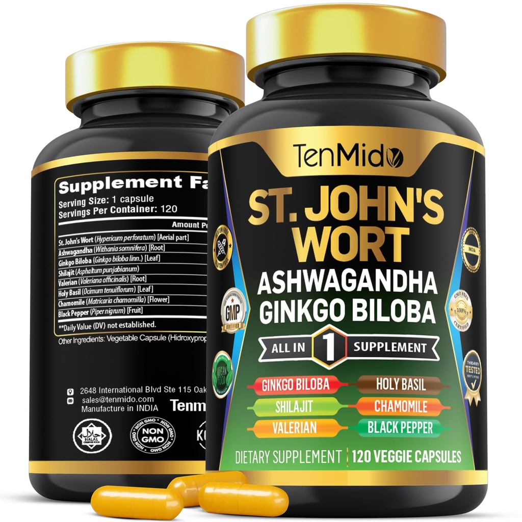 St.John 's Wort Supplement - 8in1 Formuła - Połącz z Ashwagandha, Ginkgo Biloba, Shilajit, Valerian, Święty Basil, Rumianek, i Black Pepper - 120 Kapsułek Vegan dla 4 miesięcy dostaw