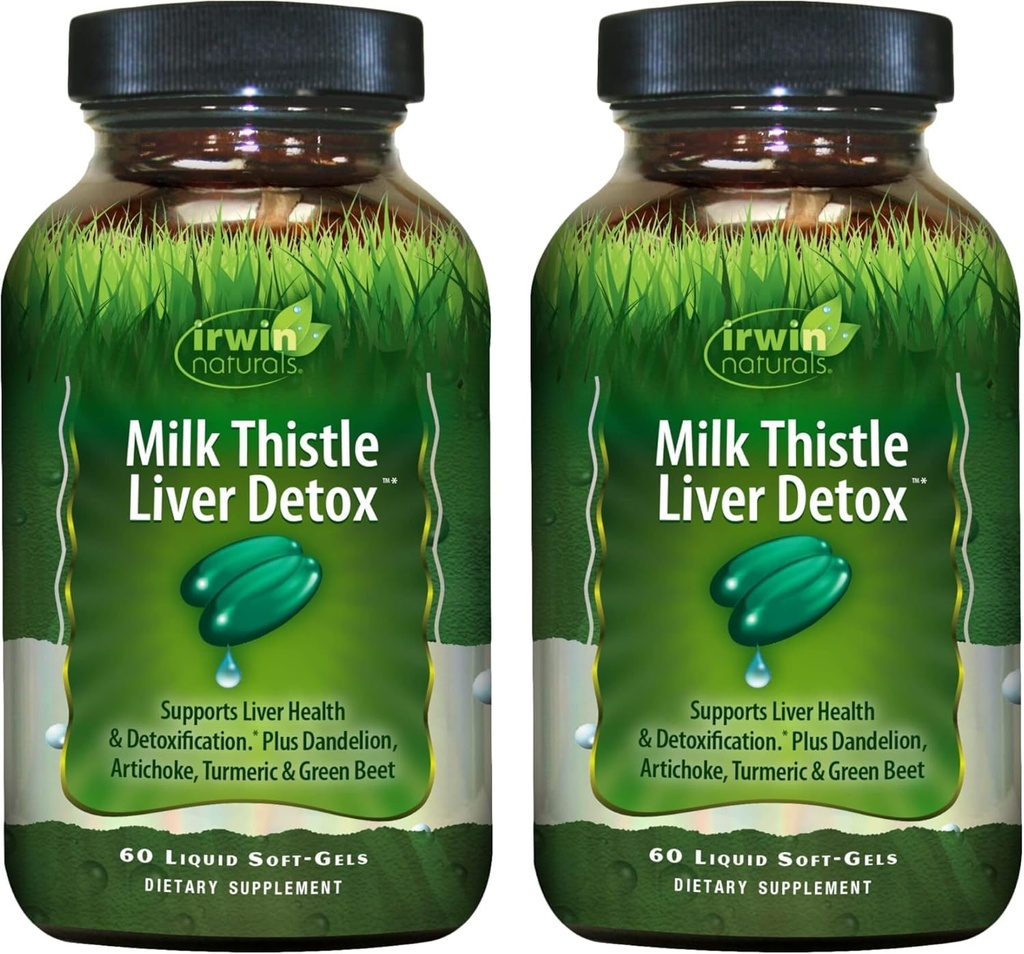 Irwin Naturals Milk Thistle Liver Detox - 60 Płynne Soft- żele, Pack of 2 - Wspiera zdrowie wątroby z Dandelion, Karczoch, Turmeric & Green Beet Root - 60 Wszystkich Sług