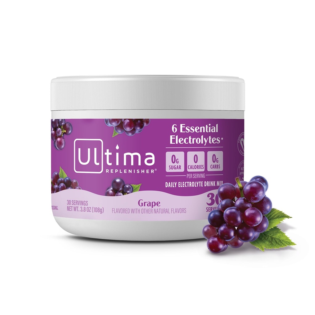 Ultima Replenisher Daily Electrolyte Powder Drink Mix - Cukier wolny - Winogrona, 30 Słupki - Proszek nawadniający z 6 Kluczowe elektrolity i Minerały śladowe - Keto Friendly, Wegan, Non-GMO