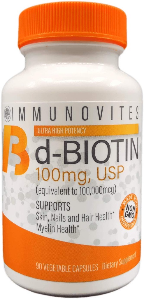 IMMUNOVITES Biotin wysokiej dawki (w postaci d- Biotin, USP) 100 mg (równoważny 100,000mcg) 90 Kapsułek, duża moc