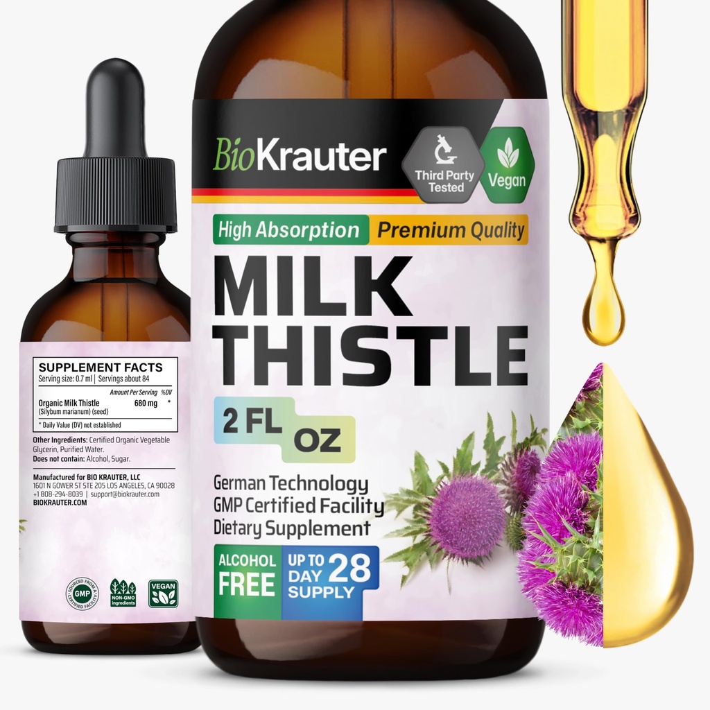 BIO KRAUTER Mleko ciecz krople - Mleko Thistle Silymarin Liver Supplement Support Supplement - Alkohol & Cukier Bezpłatne nalewka do wątroby Cleanse Detox - 2 Fl. Oz.