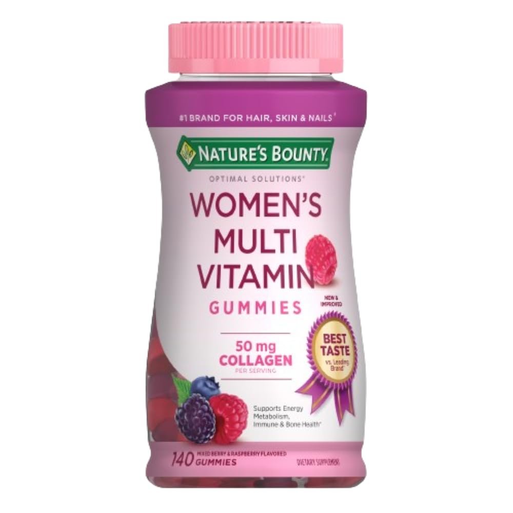 Nature 's Bounty Optimal Solutions, Kobiece Gummies Multivitamin dla wsparcia immunologicznego, Wsparcie energii komórkowej, Bone Health, Malina Flavor, 140 Ct