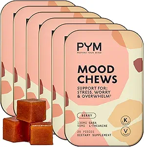 PYM Berry Mood Chews Support for Stress, Worry & Overdussingm, 120 Count Description 124; 130mg GABA, 90mg L- Theanine Next 124; Vegan, Non-GMO, Gluten- Free, No Added Sugar Description 124; All- Natural Mood Balance Supplement Made in USA