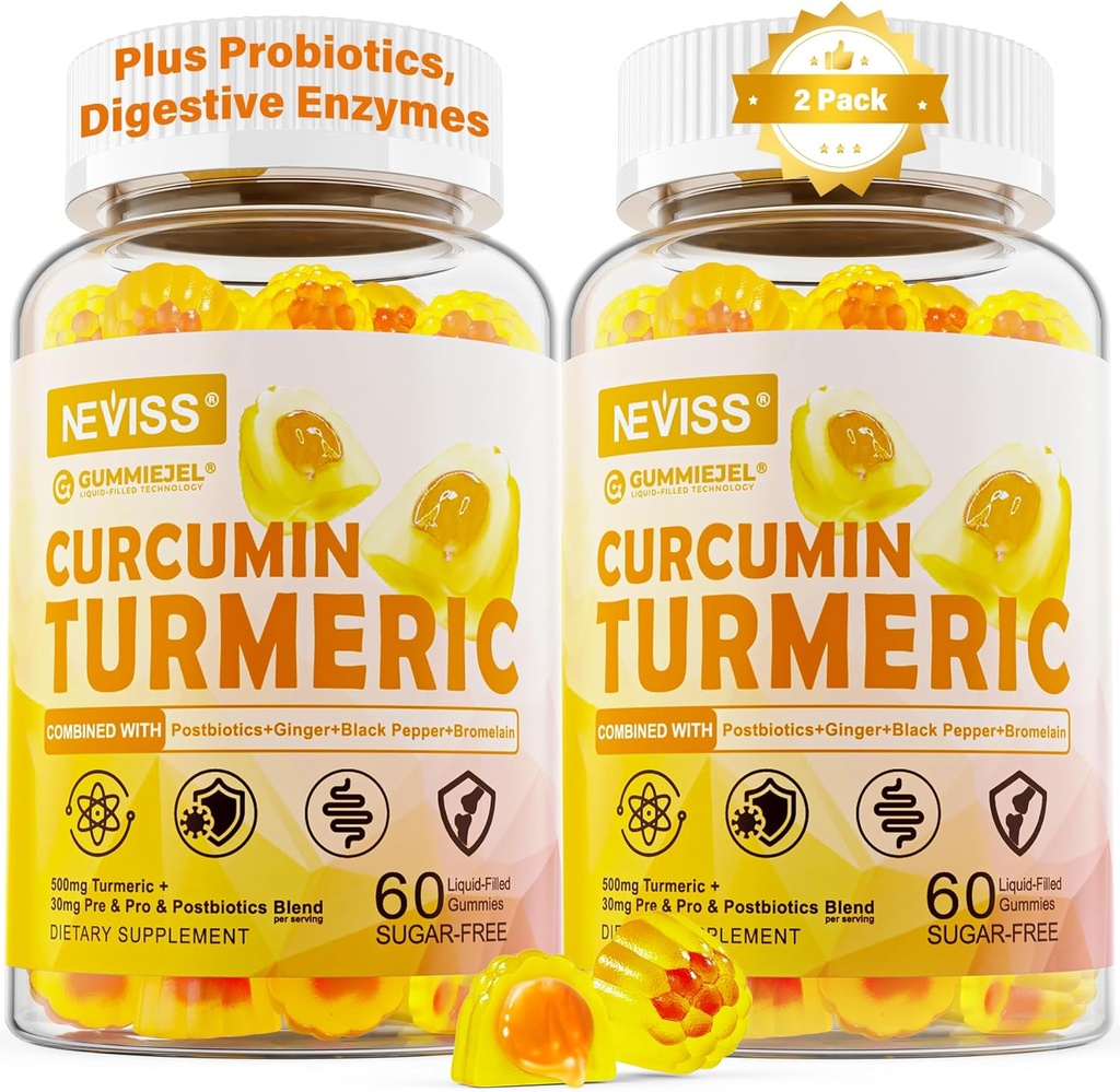 Kurkumina bez cukru Kurkumina Wypełniona Gumiaki 550mg dla dorosłych, Ginger & Black Pepper 124; 95% Kurkuminoidy w / Prebiotic Probiotic & Postbiotic Mieszanka, Wsparcie, Immune & Digestive Health, Wegan, 2Pack