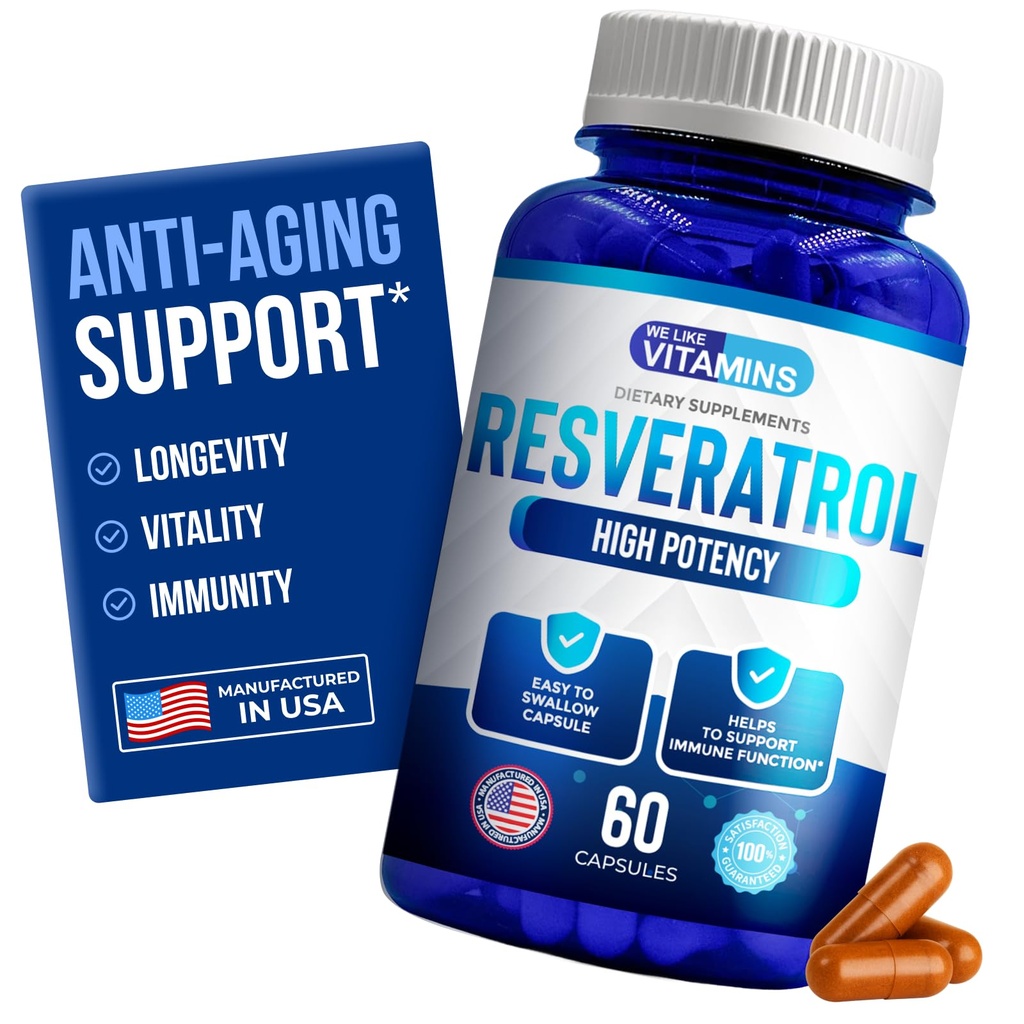 Lubimy Vitamin Resveratrol 1000mg na serwowanie - 60 Łatwe do połknięcia kapsułki wegetariańskie - Natural Resveratrol Supplement 1000mg - Suplement przeciwutleniający pomaga wspierać immunologiczny system