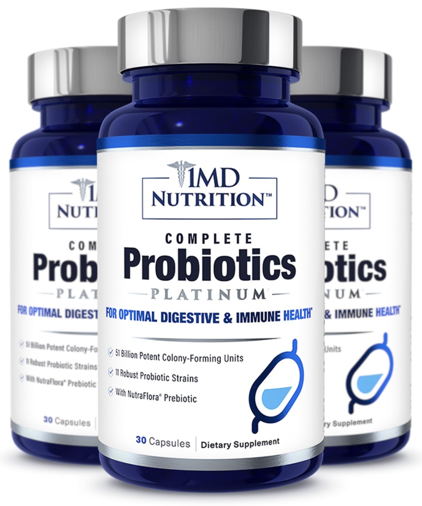 1MD Kompletne Probiotyki Platinum 124; Podtrzymuje Digestive Health 124; z Prebiotyki Nourishing, 51 Billion Live CFU, 11 Szczepów, Darmowy 124; 30 Kapsułki roślinne (3- Pack)
