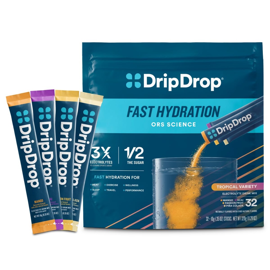 Pakiety nawilżające drop - Tropikalny pakiet odmian - Pojedyncze podawanie elektrolitów w proszku - Mango, Açaí, Passion Fruit, Piña Colada - Non-GMO, Gluten Free, Wegan - 32 Sticks