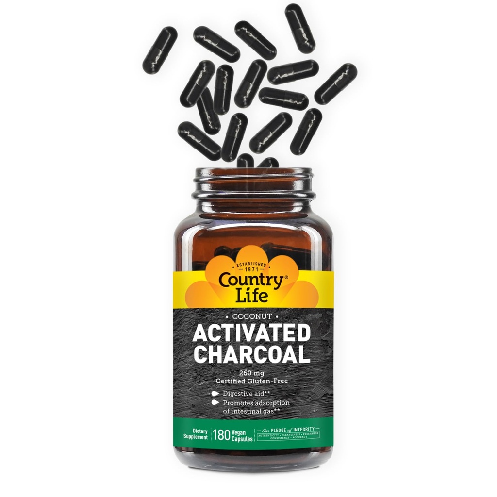 Country Life Activated Organic Coconut Charcoal kapsułki, 260mg - Natural Charcoal Supplement for Gas and Bloating Relief, Gluten- Free, 180 Vegan kapsułki