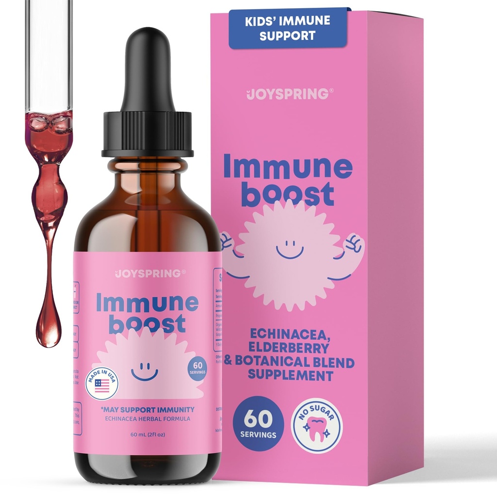 JoySpring immunologiczne krople - Dzieci immunologiczne wsparcia suplement płynny (2 fl oz) - Echinacea, Elderberry, Oregon Grape Root, Orange Peel, Witaminy A, B6, C - Naturalny system wsparcia dla dzieci i dorosłych