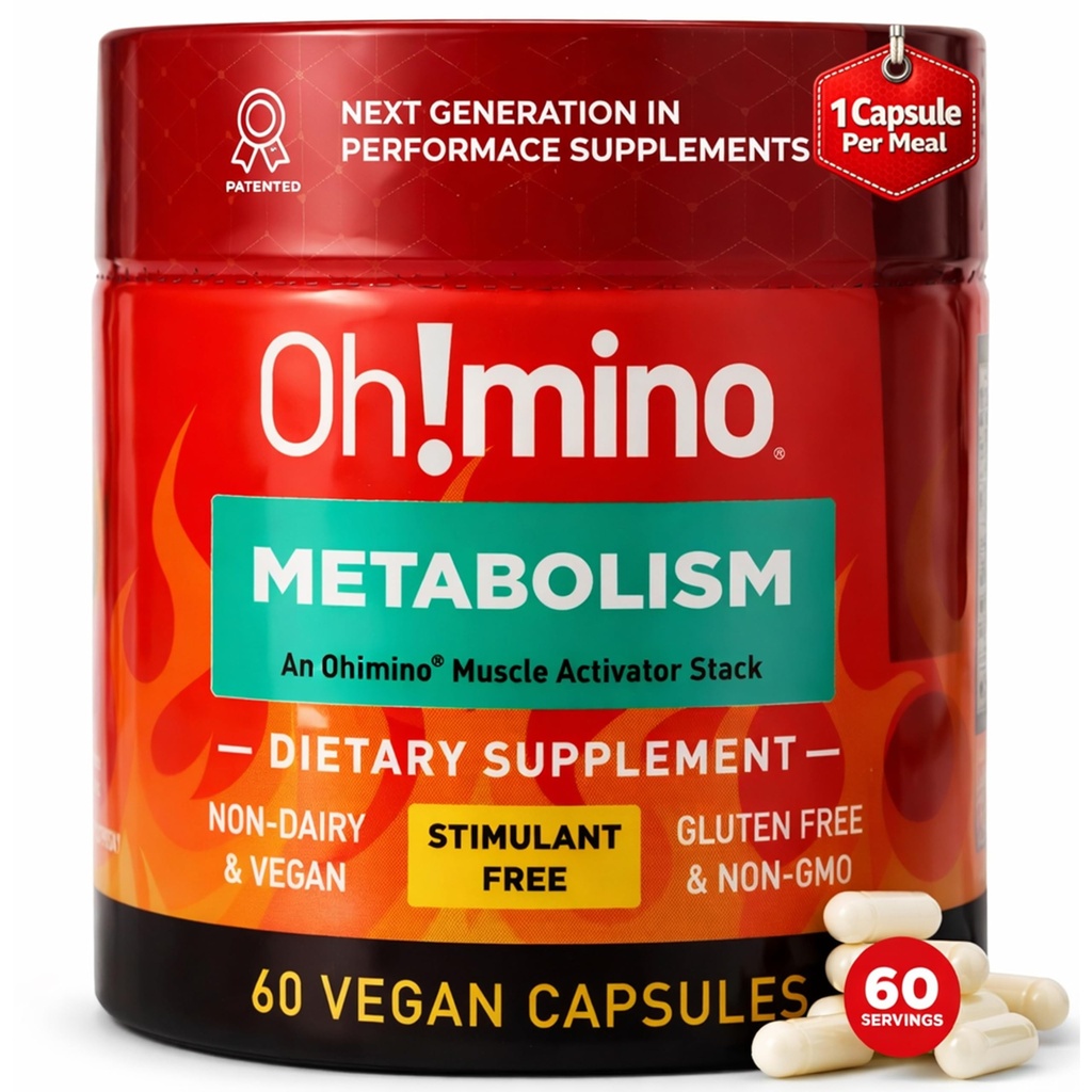 Oh! mino Metabolizm Suplement wsparcia dla efektywnej konwersji tłuszczu do energii w / L- Karnityna, Fenylokapsaicyna, & Witamina B3 - Non-Jitters, Stimulant- Free, Wegan, Non-Dairy kapsułki (60 Servings)