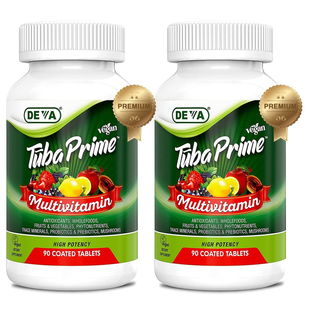 DEVA Tuba Prime Vegan Multivitamin Witamina o dużej mocy i suplement diety mineralnej Przeciwutleniacze, Owoce i mieszanki roślinne, Super Mushrooms, Probiotyki, Prebiotyki, Nasiona, Zioła - 90 Tabs, 2- Pack