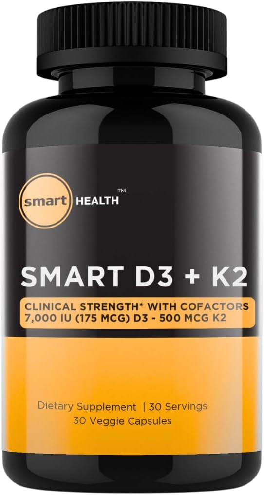 Witamina D3 + K2 - Zdrowie kości i wsparcie immunologiczne - 7000 IU (175 MCG) D3 + 500 MCG K2 - Współczynniki B6, Magnezu i cynku - Bezgluten, Wegan, Non-GMO - Suplement diety - 30 Kapsułki wegetariańskie