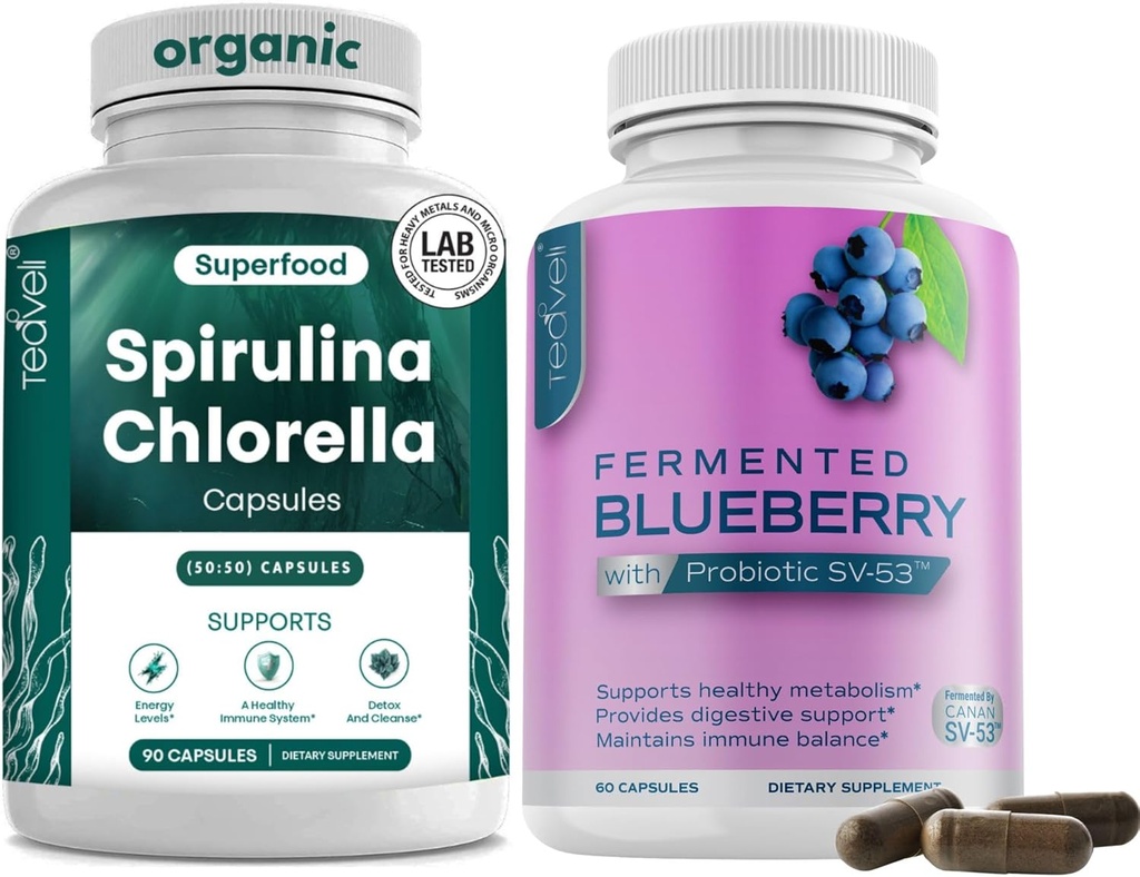 Teaveli Spirulina Chlorella i Blueberry Kapsułki