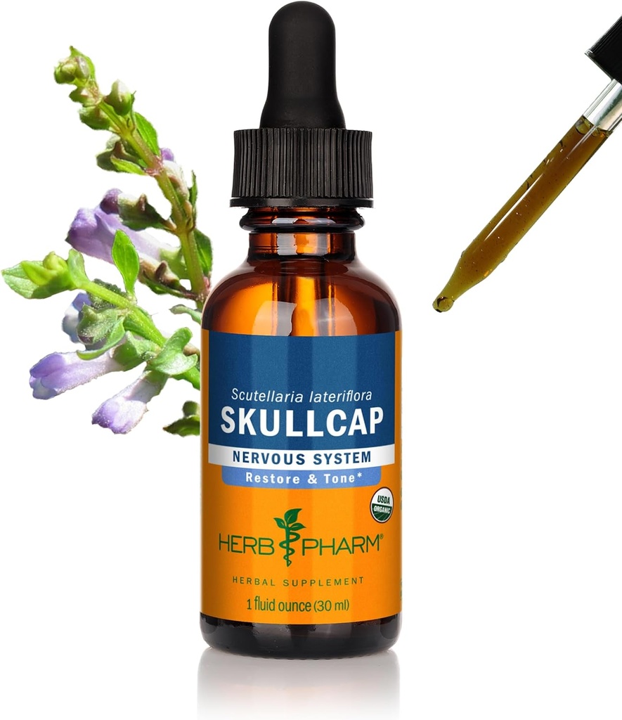 Herb Pharm Certified Organic Skullcap Liquid Extract for Nerwowy system wsparcia, Organic Cane Alkohol, 1 unce