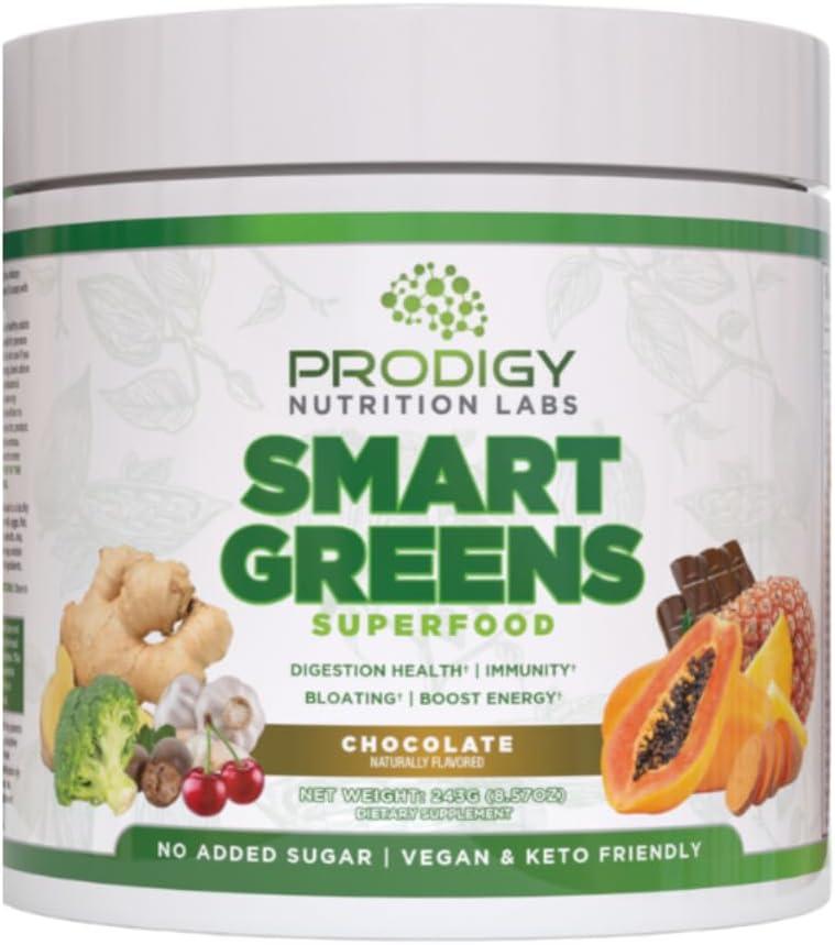 Prodigy Smart Greens - Super Zielone Proszek Smoothie & Drink Mix - Probiotyki dla zdrowia i odżywiania trawiennego, Białka, Warzywa i Owoce z Chlorella dla Gut Health