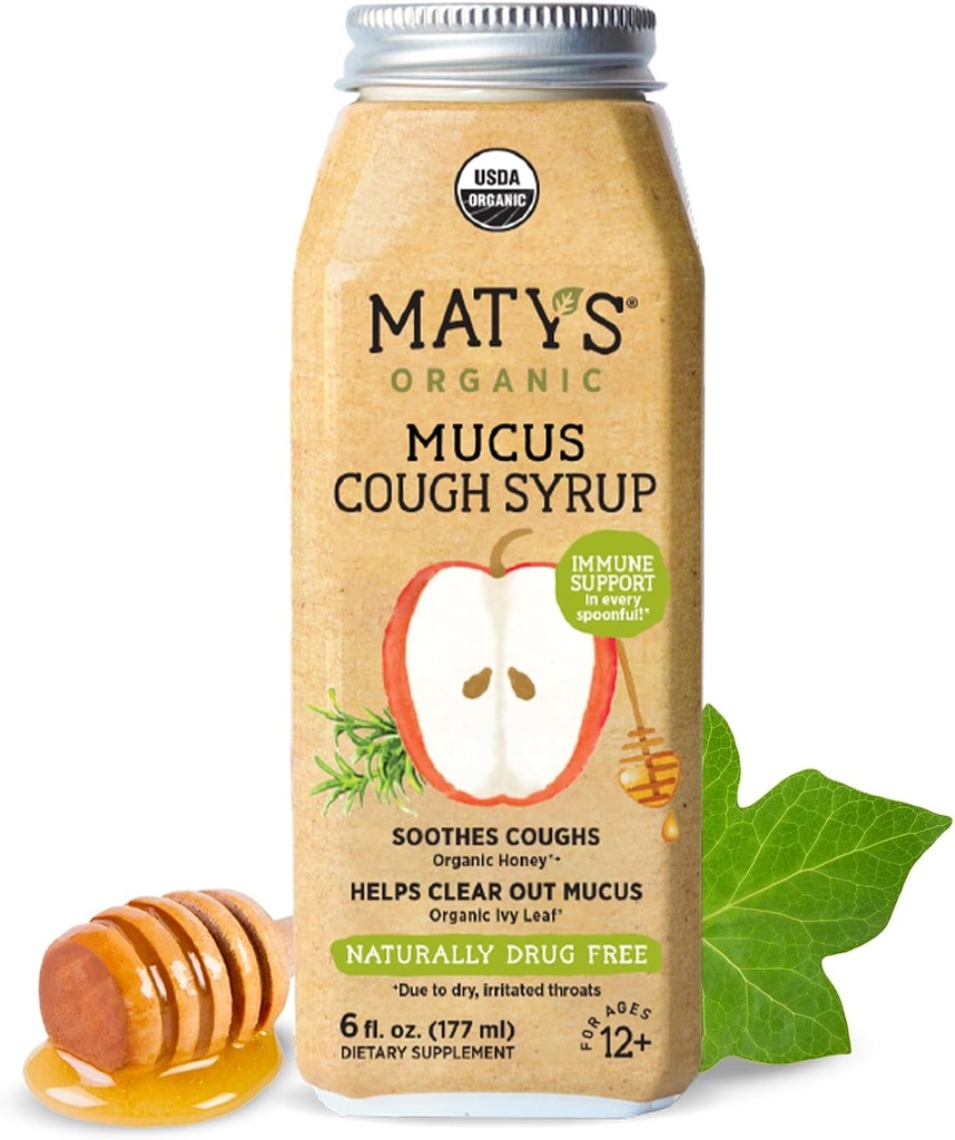 Matys Adult Mucus Cough Syrup for Adults & Children 12 Years & Up, Soothing Relief Ivy With Organic Ingredients & Zinc, 6 Fl Oz