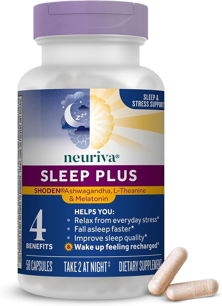 NEURIVA Sleep Plus z 4- in-1 Korzyści - Klinicznie Tested Ashwagandha, L- Theanine & Melatonina - Redukcja stresu, Upadek Asleep Szybszy, Poprawa jakości snu, Budzenie Refreshed *, 58ct Kapsułki