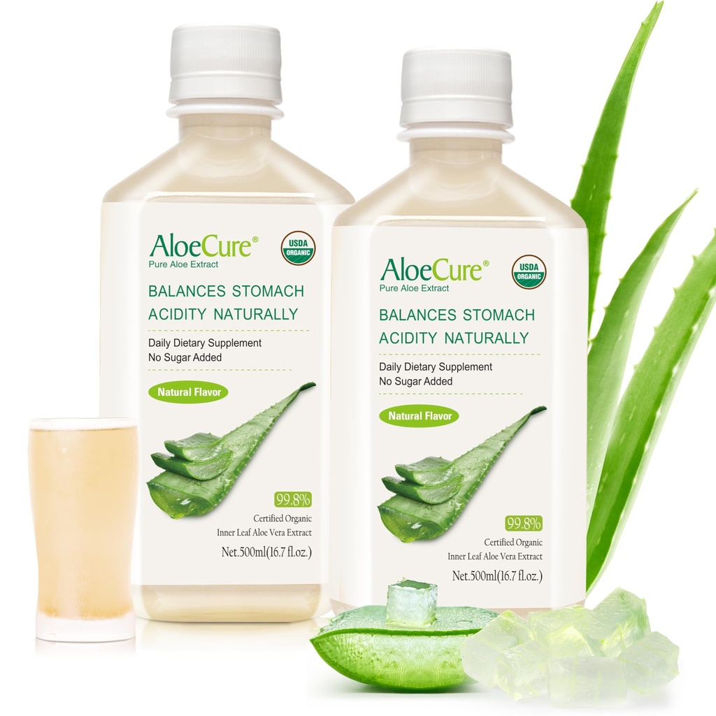 AloeCure USDA Organic Aloe Vera Sok wyprodukowany w ciągu 12 godzin zbiorów - Czysty sok Aloe Natural Digestive Suplement do wspomagania trawienia, System immunologiczny i zbalansowany kwasy żołądkowe, 2 x 500 ml Butelki