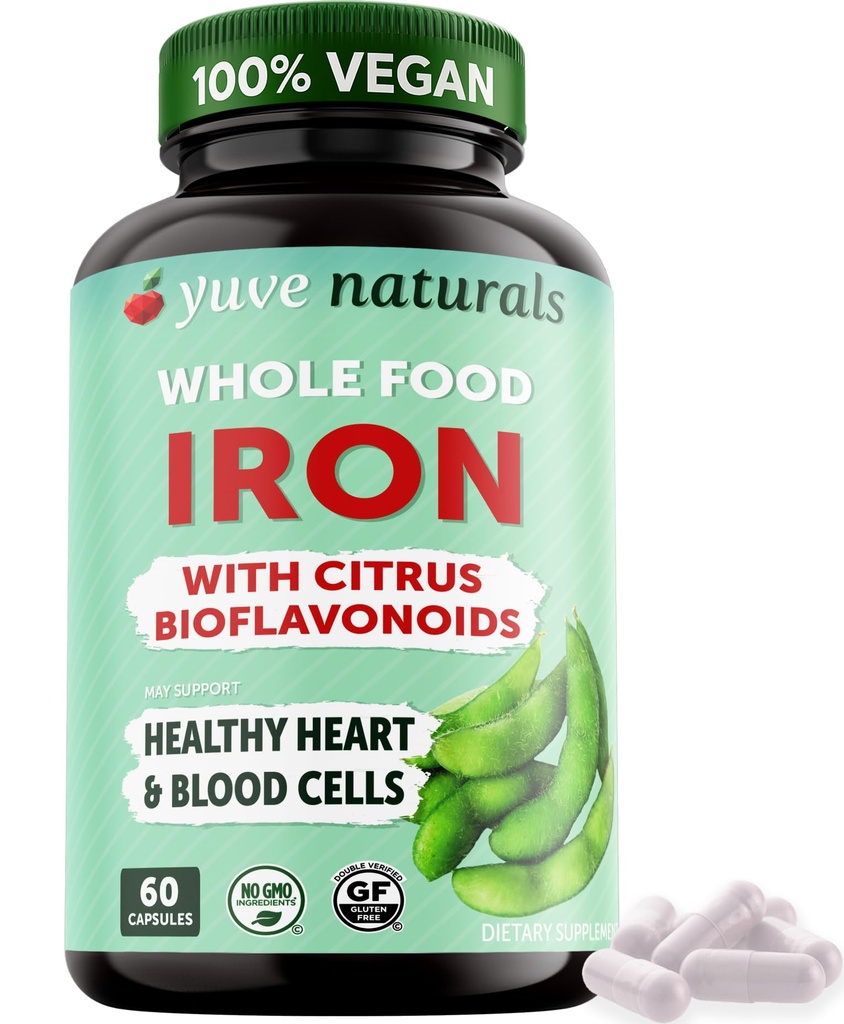 Yuve 100% Vegan Whole Food Chelated Iron Supplement 18mg - Smaczne, Non-Constipting, Delikatne na stomach, Wsparcie energetyczne - Bezglutenowe, Non-GMO, 60 Kapsułki