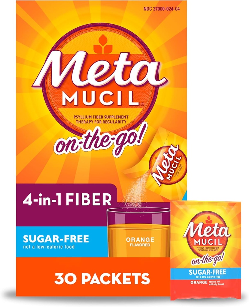Metamucil On- The-, Psyllium Husk Fiber Supplement, 4- in-1 Fiber for Digestive Health, Sugar Free, Orange Flavor, 30 Count x 2 Pakiety (60 Count Total)
