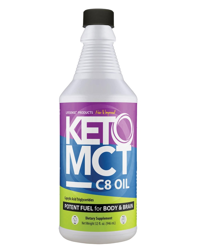 LifeSense C8 MCT Olej, Keto- Przyjazny, Zażywany z oleju kokosowego, Klinicznie udowodnione zwiększenie produkcji ketonowej, Optymalne paliwo dla mózgu i ciała, Made in USA przez Dr. Nutrition, 32 oz