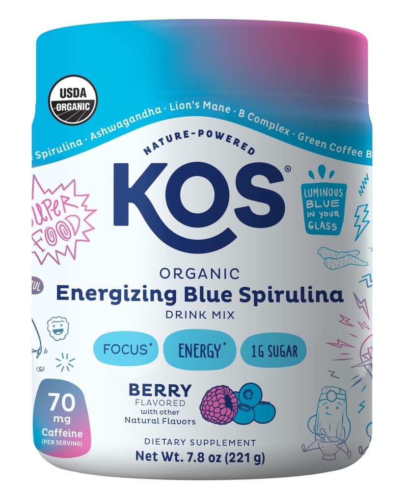 KOS Energizing Blue Spirulina Mieszanka - USDA Certified Organic - Witaminy B, Ashwagandha, Ginseng, Adaptogens, Biotin - Wegan Pre Workout Powder - kofeinowane, Berry Flavored, 28 Służenie