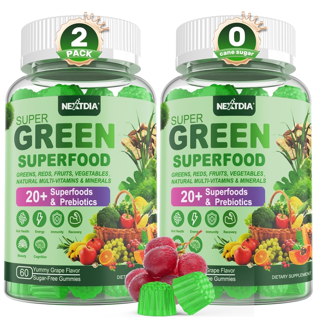 Super Zielone Gummies, Zielone Superfood Powder Alternative w / Spirulina, Chlorella, Fiber prebiotyczny, Probiotyczne, Warzywa owocowe, Daily Fruit Vegetable for Digestive & Gut Health, Immunitet, Focus, 120 Cts