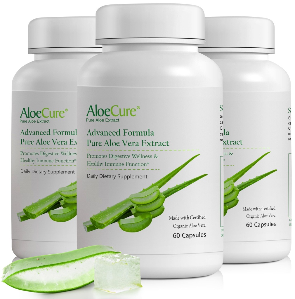 AloeCure Organic Aloe Vera Kapsułki, 160,000mg Wewnętrzny Aloe Leaf Równoważnik na Serving, Wsparcie Gut, Digestive, & Zdrowie immunologiczne, Pomaga utrzymać zrównoważoną kwasowość żołądkową, Aloin Free, 60Caps x 3Btl