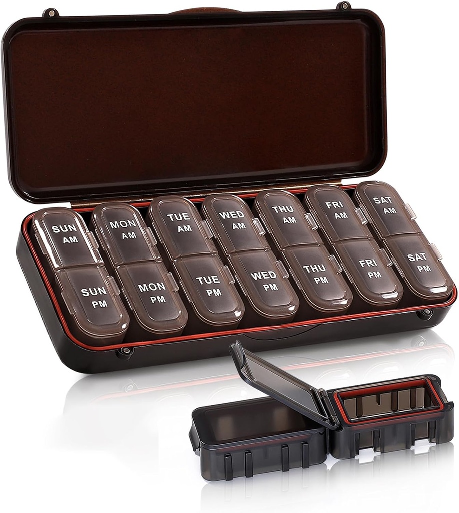 Pigułka Organizator 2 razy dziennie, Cotygodniowy Travel Case dla witamin, Oleje rybne + 2 Oddzielne pudełka słodkie (Brown)