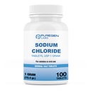 Puregen Labs tabletki chlorku sodu 1 gm (1000 mg), USP 124; (15.4g.) 124; 100 Licznik 124; Normalne tabletki soli 124; Wyprodukowany w USA 124; Napoje nawadniające do elektrolitów