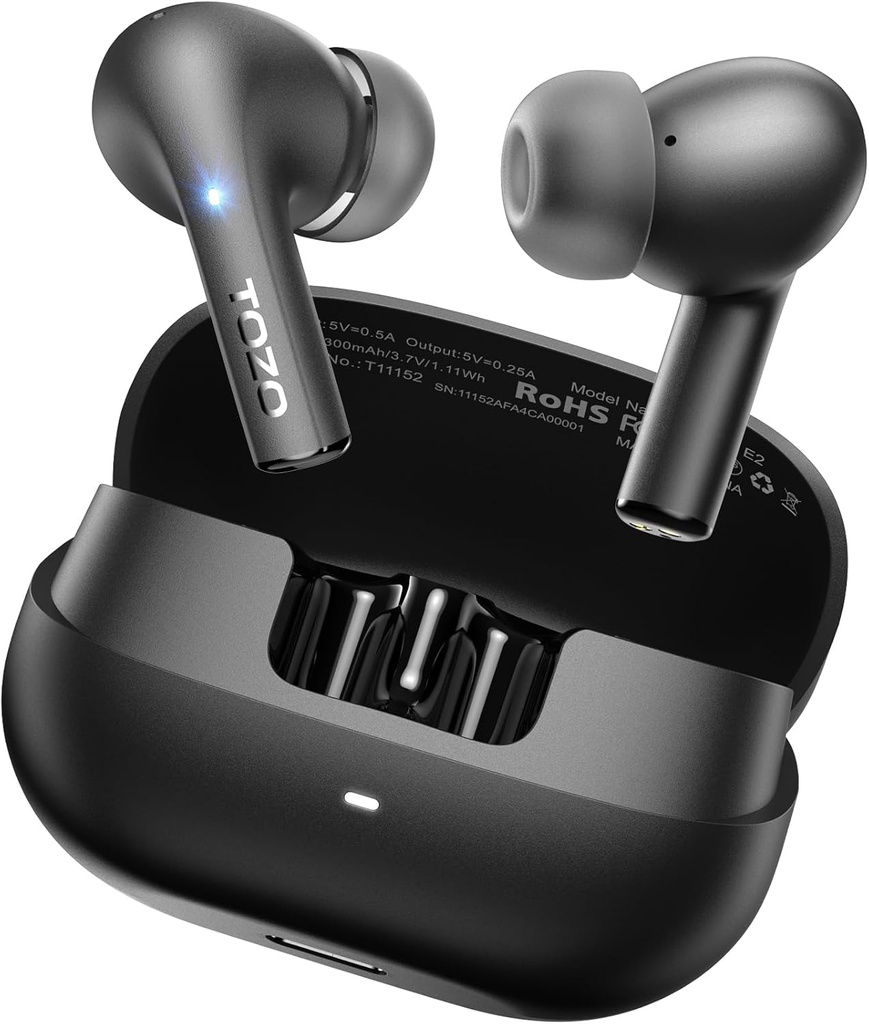 Sterowniki do urządzeń Wireless Earbuds TOZO E2 10mm z potężną basą, Aplikacja Dostosuj 32 EQs, z 2 Mics AI Call Noise Cancellation, 30H Playtime, Bluetooth 5.3 Pąki ucha, Comfort Fit in-Ear słuchawki