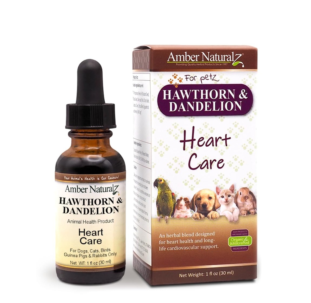 Amber NaturalZ Hawthorn & Dandelion Herbal Supplement for Dogs, Cats, Birds, Rabbits, and Guinea Pigs is 124; Pomaga Heart Health, Circulation, and Fluid Balance Between 124; Naturalna opieka sercowo-naczyniowa
