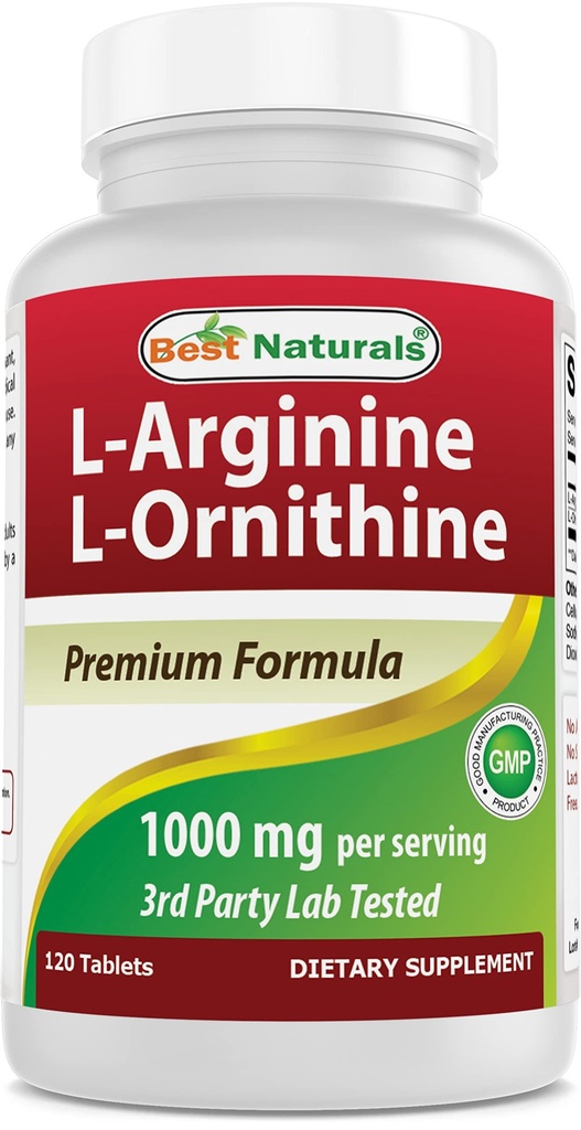 Best Naturals L- Arginine L- Ornitine - 1000mg na jedną porcję - 120 tabletek - Non- GMO & Gluten Free (120 sztuk (opakowanie po 1))
