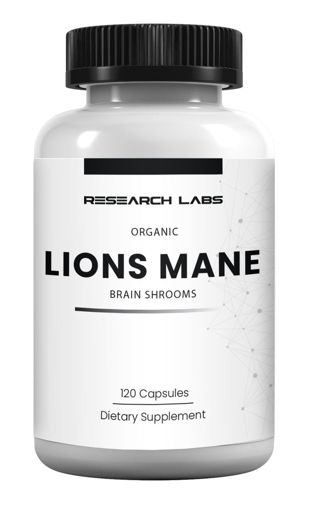 Research Labs Organic Lions Mane Supples, 120 Kapsułek w / Patent Litropane ™, Immune System Booster & Nootropic Brain Support Supplement Mushroom. 10X Ekstrakt porównywalny do 18,000mg