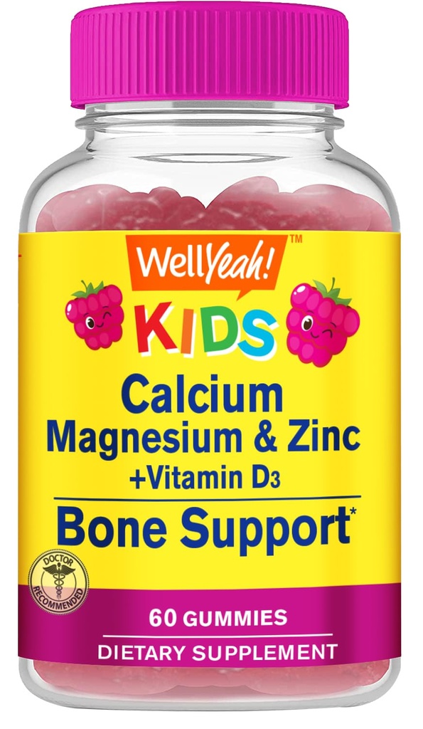 Kid's Calcium, Magnesium, Zinc + Vitamin D3 Gummies by WellYeah | Bone, Muscle and Nerve Health Support, Immune Support | for Men and Women | Gluten Free, Non GMO | Raspberry Flavor | 60 Count